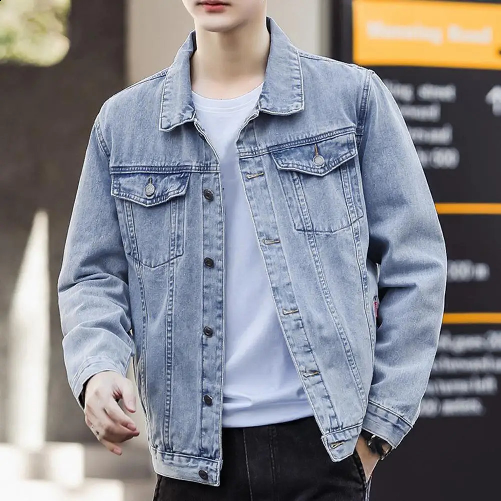 Denim jacket retro jumping style denim multiple pockets loose fit suitable for plus size mens street single breasted 240921