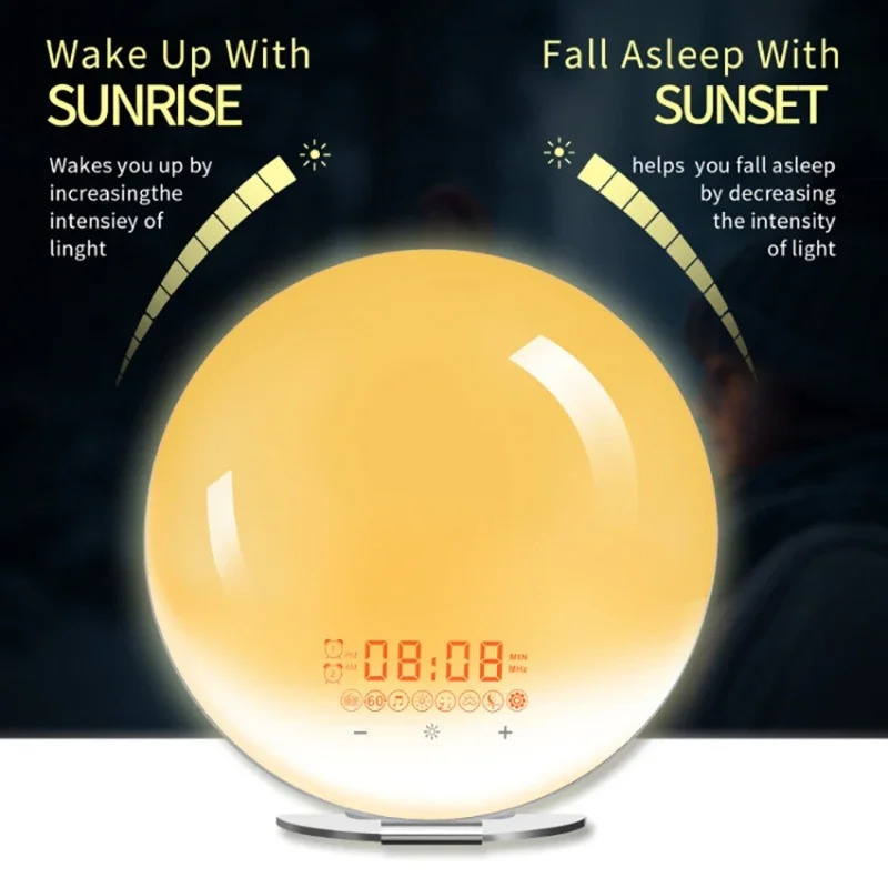 Smart Sunrise Sunset LED Digital 2 Alarm Clock Wake Up Light Electronic Table Clock Smart Life FM Radio Digital Nightlight Clock 240918