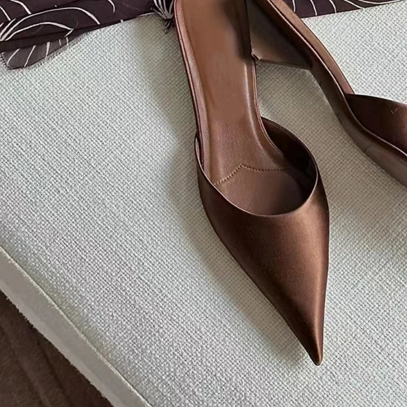 Pointed Toe Slip On Mules Elegant Womens Shoes Brown Satin Low Boots Slippers Womens Summer er Pump Zapatos De Mujer 240919
