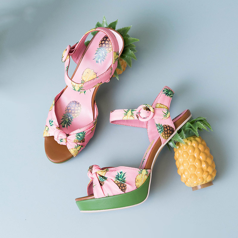 Phoentin Pineapple High Heels Buckle Strap Sandals 2023 Pink Printed Peep-Toe Pumps Summer Platform Shoes Women Novelty Ft919