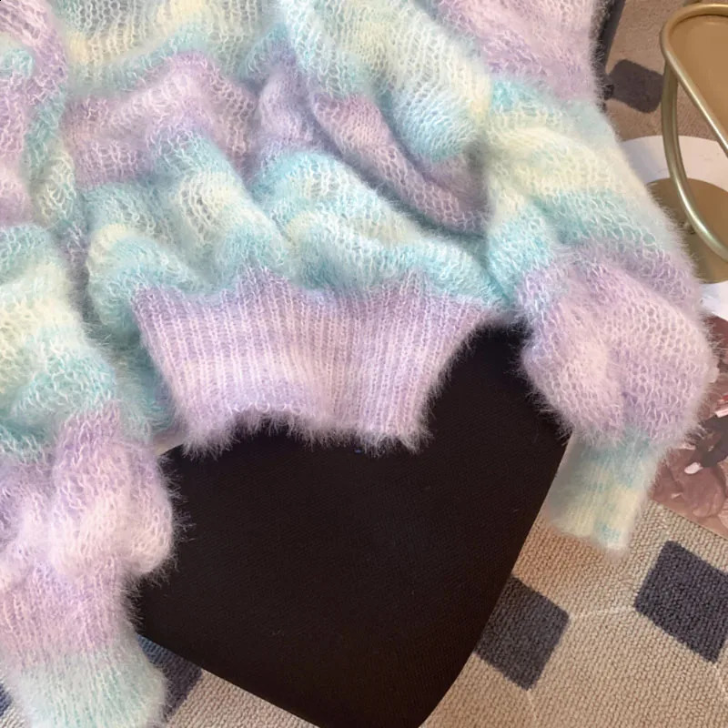 Soft Sweet Age-Reduce Rainbow Gradient Sweater Womens High-Grade Sense Autumn Gentle Wind Mohair Knit Cardigan Thicken 240912