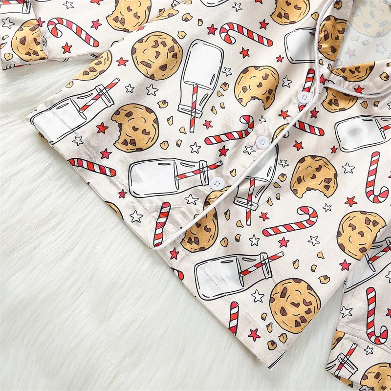 Kids Children Christmas Pajamas Set Satin Silk Santa Claus Cookie Print Long Sleeve Tops with Pants Sleepwear For Girls Boys 240911