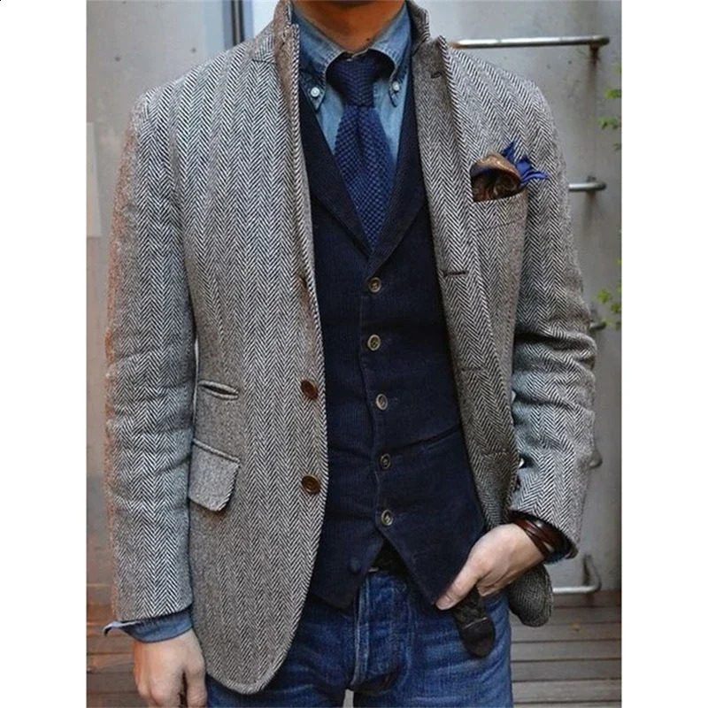 Mens Suit Brown Blazer Prom Tuxedos Herringbone Wool Tweed Single Breasted Formal Bussiness Jacket for WeddingOnly Coat 240911