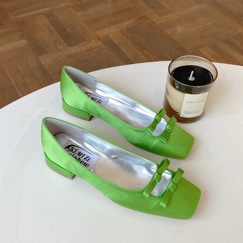 Mint green satin single shoe square toe arch low heel comfortable versatile Mary Jane shoes 240919