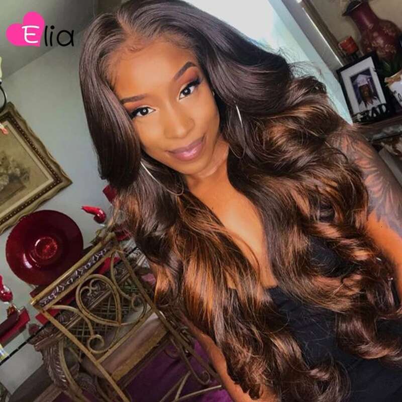 Elia 13X6 Body Wave Highlight Brown Lace Frontal Wig 180 Density Remy Peruvian 100% Human Hair For Black Women