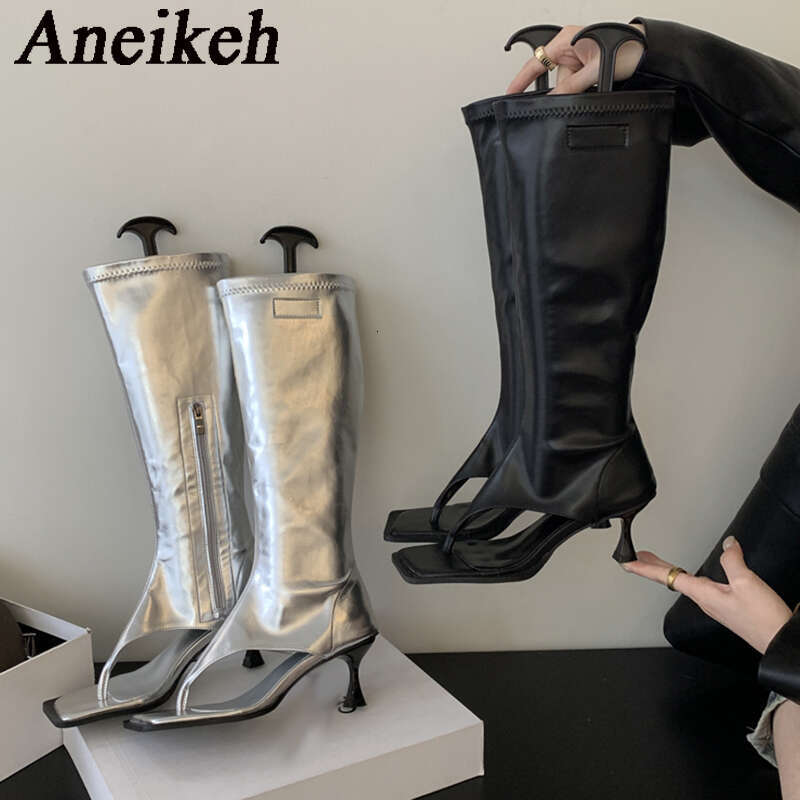 Aneikeh 2024 Sexy PU Square Head Clip Toe Sandals Women's Thin Heel Side Zipper Sewing Knee High Boots Party Ball