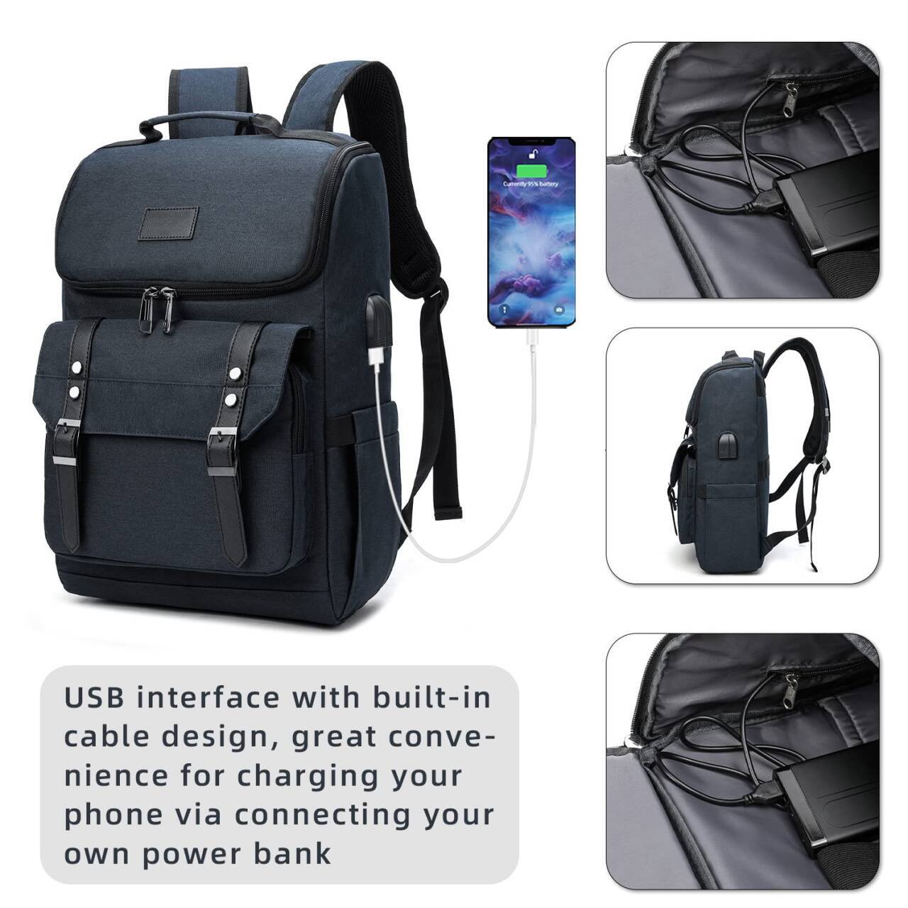 Vintage Travel with usb Charging Port for Women & Men College Backpack Fits 15.6 Inch Laptop Grey