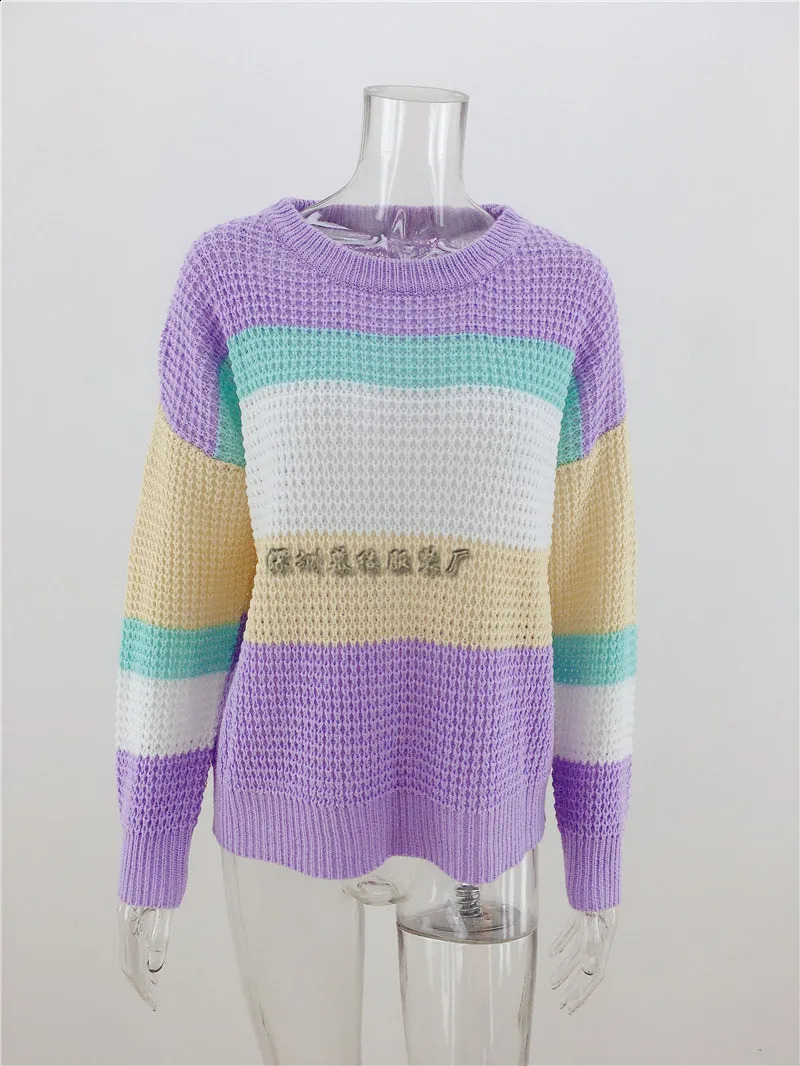 Autumn and winter large size loose knitted sweater temperament fashion pullover striped rainbow sweater women 240912