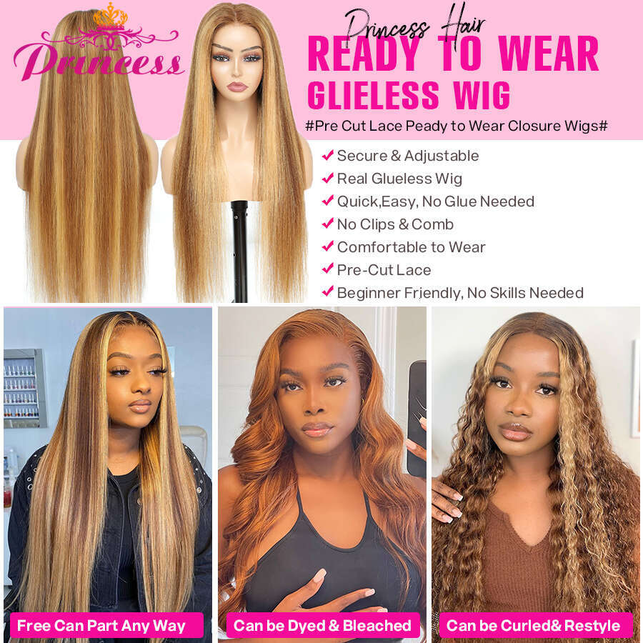 Princess Glueless Ready to Wear Pre plucked Straight Highlight HD Lace Frontal Wig Human Hair