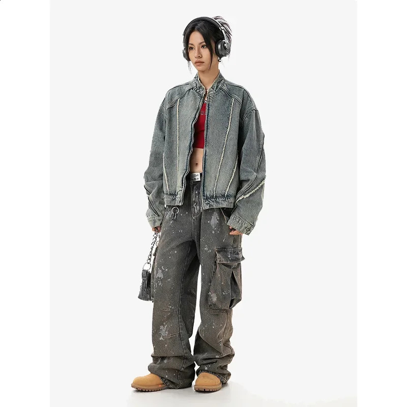 Spring and Autumn Retro Loose Fit Yellow Mud Foot Mat Standing Collar Denim Jacket Mens Casual Zipper Top Trendy 240921