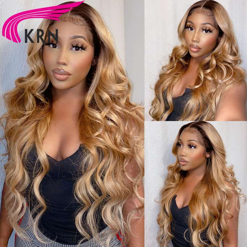 Body Wave 4/27 Colored 13x4 Lace Frontal with Baby Human Ombre Honey Color 4x4 Closure Wig Brazilian Hair Wigs
