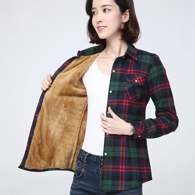 2023 Winter Plus Thick Womens Warm Plaid Shirt Coat Lady Casual Fleece Velvet Jacket Tops Women Clothes Outerwear 240919