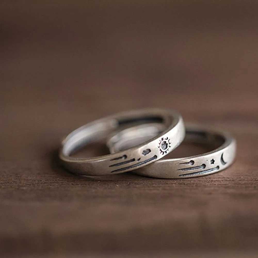 Retro Sun Moon Couple Ring Minimalist Silver Color Opening Rings For Men Women Korean Style Personality Finger RingsX240921