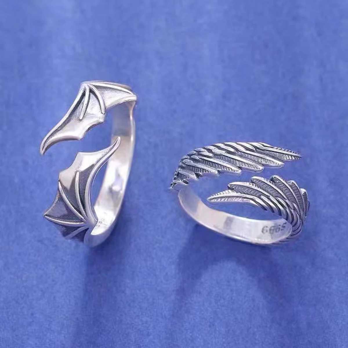 1 Pair Of Fashionable Angel and Demon Wing Open Ring For Men and Women Couple Temperament Matching RingX240921