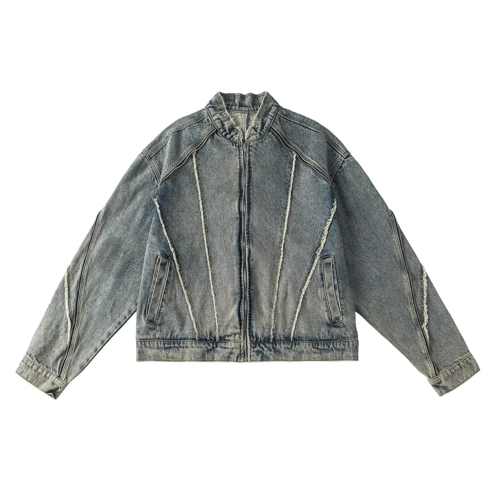 Spring and Autumn Retro Loose Fit Yellow Mud Foot Mat Standing Collar Denim Jacket Mens Casual Zipper Top Trendy 240921