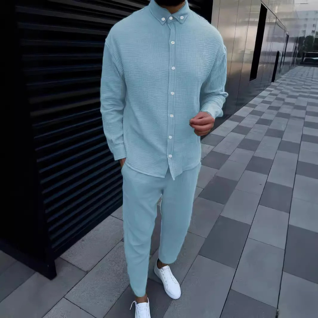 Autumn Cotton Casual Long Sleeve Shirt And Pants Fashion Suit Mens sSngle Breasted Shirt street Suit 240918