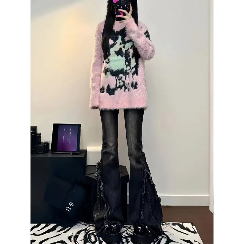 American Style Retro High Street Ruffled Denim Jeans for Women in Autumn Low Waisted Elastic Slimming Wide Leg Mop Pants 250206