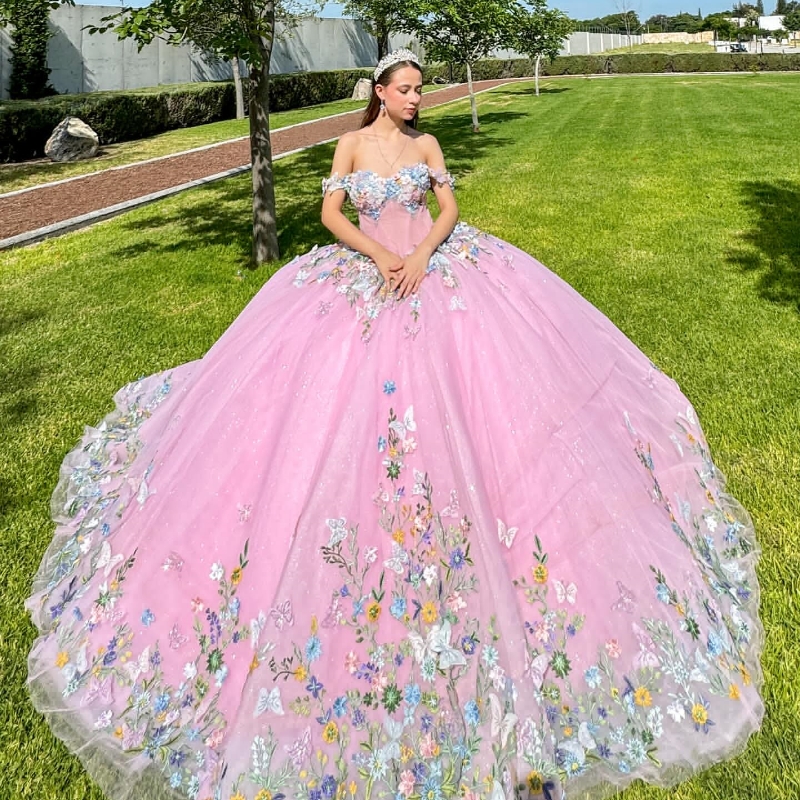 Pink Sparkly Princess Quinceanera Dresses off Shoulder Gillter Applique Lace Bow Sequins Beading Tull Vestido 15 de Anos Sweet 16 Dress