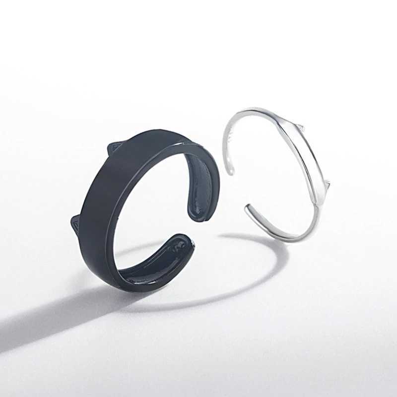 2Pcs White Black Cute Cat Rings Set Adjustable Cat Ears Animal Finger Ring Couple Cartoon Kitten Pet Gift Jewelry for Women TeenX240921