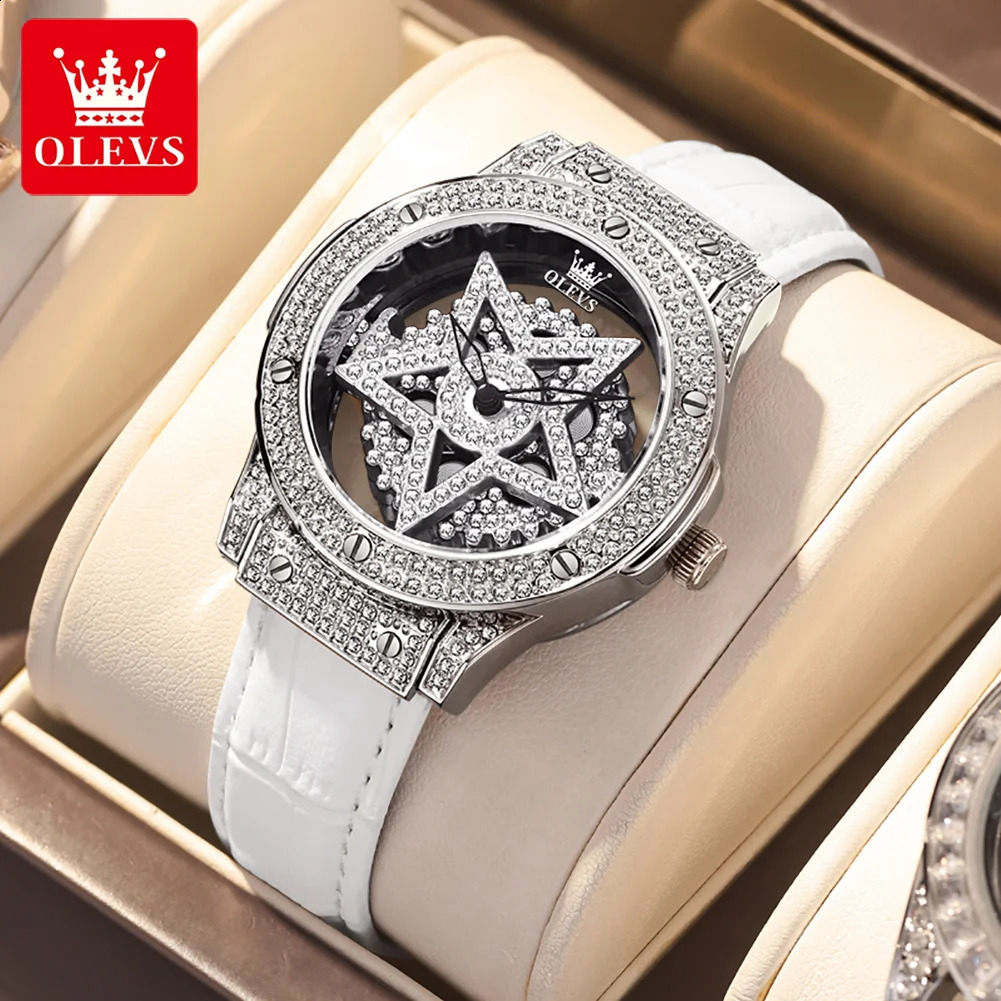 OLEVS Diamond Watch for Women Waterproof Breathable Leather Strap Female Pentacle Snowflake Rotates the Dial Quartz Watch 240909