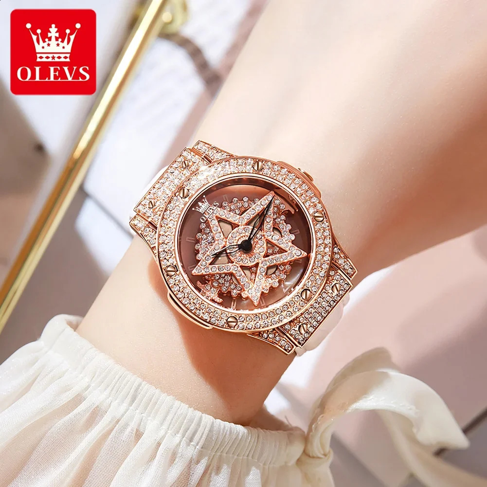 OLEVS Diamond Watch for Women Waterproof Breathable Leather Strap Female Pentacle Snowflake Rotates the Dial Quartz Watch 240909