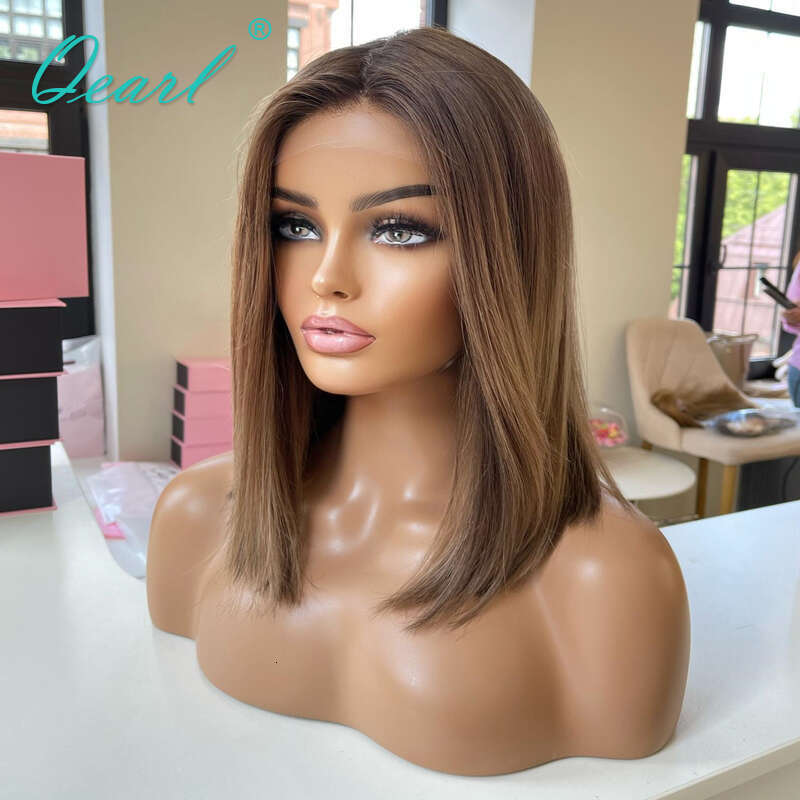 Straight Short Bob Frontal 13x4 Real Human Hair Wigs for Women Brown Ombre Blonde Glueless Virgin Lace Wig 150% Qearl