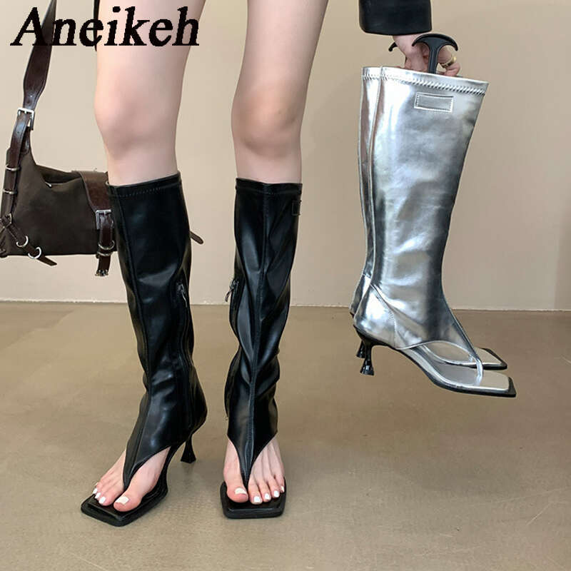 Aneikeh 2024 Sexy PU Square Head Clip Toe Sandals Women's Thin Heel Side Zipper Sewing Knee High Boots Party Ball