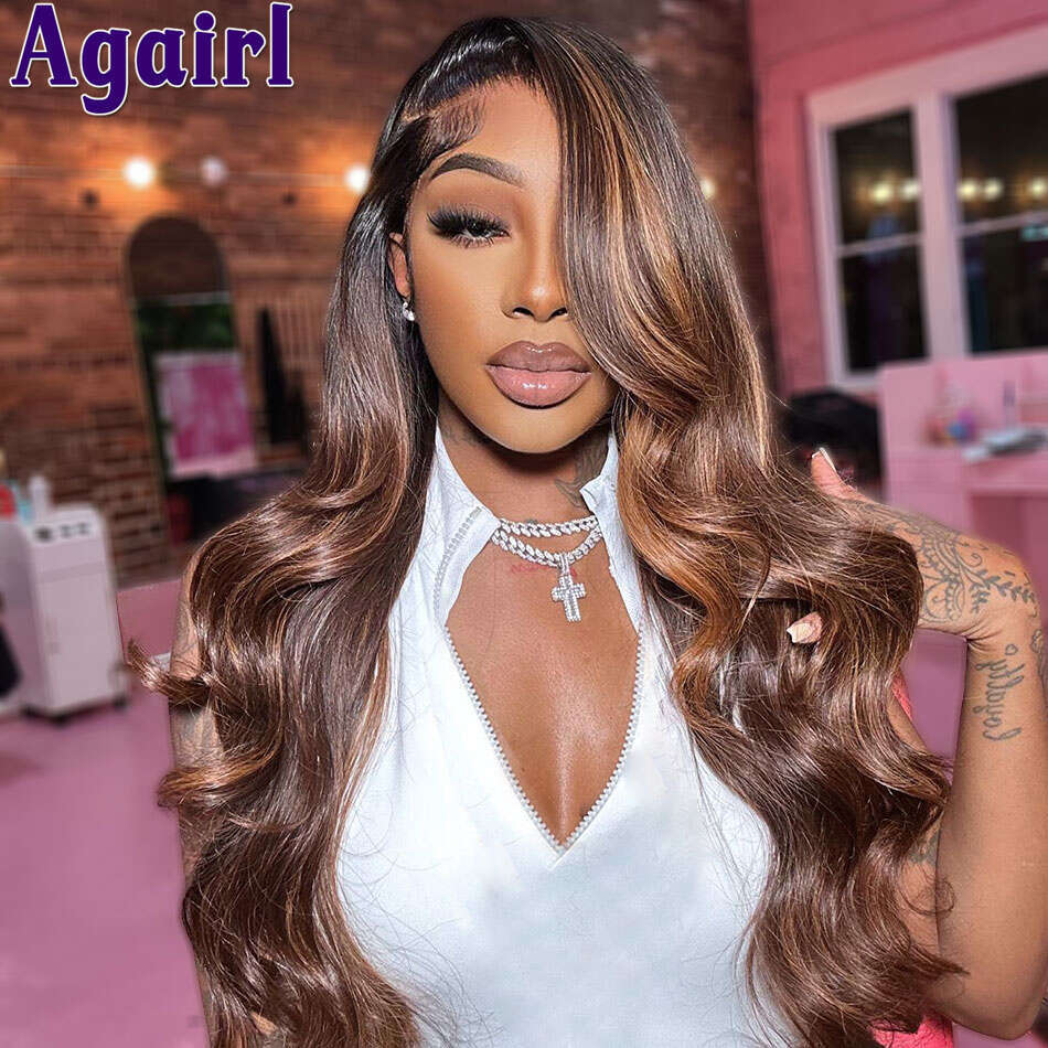 Highlight Brown Blonde 100% Human Hair Wigs 13x6 Transparent Frontal Pre Plucked Ready Go 13x4 Body Wave Lace Front Wig
