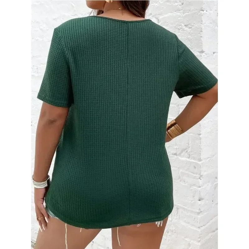 Plus size women's 1XL-5XL T-shirt, fashionable solid color short sleeved top, women's casual V-neck knit, free shipping