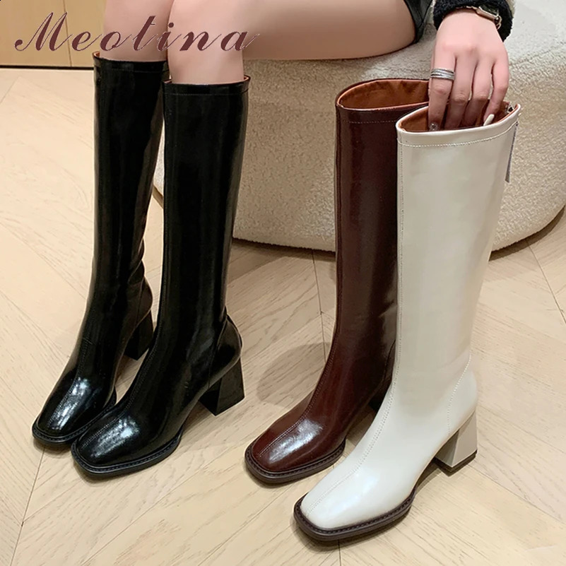 Meotina womens genuine leather knee high boots square toe block high boots zipper long boots womens fashion shoes winter beige 40240921