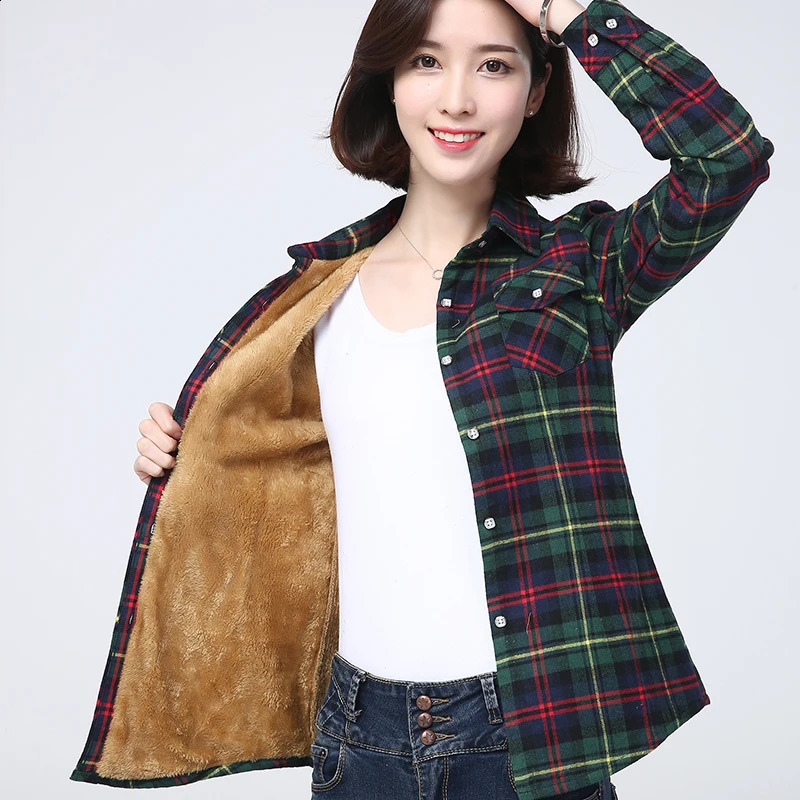 2023 Winter Plus Thick Womens Warm Plaid Shirt Coat Lady Casual Fleece Velvet Jacket Tops Women Clothes Outerwear 240919