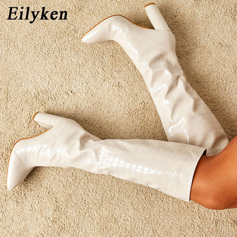 Eilyken New Fashion Solid Color Snake Pattern Women Knee-High Boots Pointed Toe Winter Ladies Long Booties Handmade Shoes