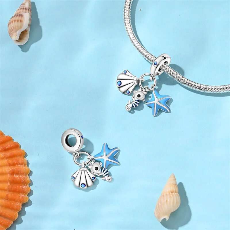 925 Sterling Silver Blue Ocean Ship Lighthouse Starfish Turtle Dolphin Charms Pendants Fit Original Bracelets DIY For Women's Gifts Jewelry