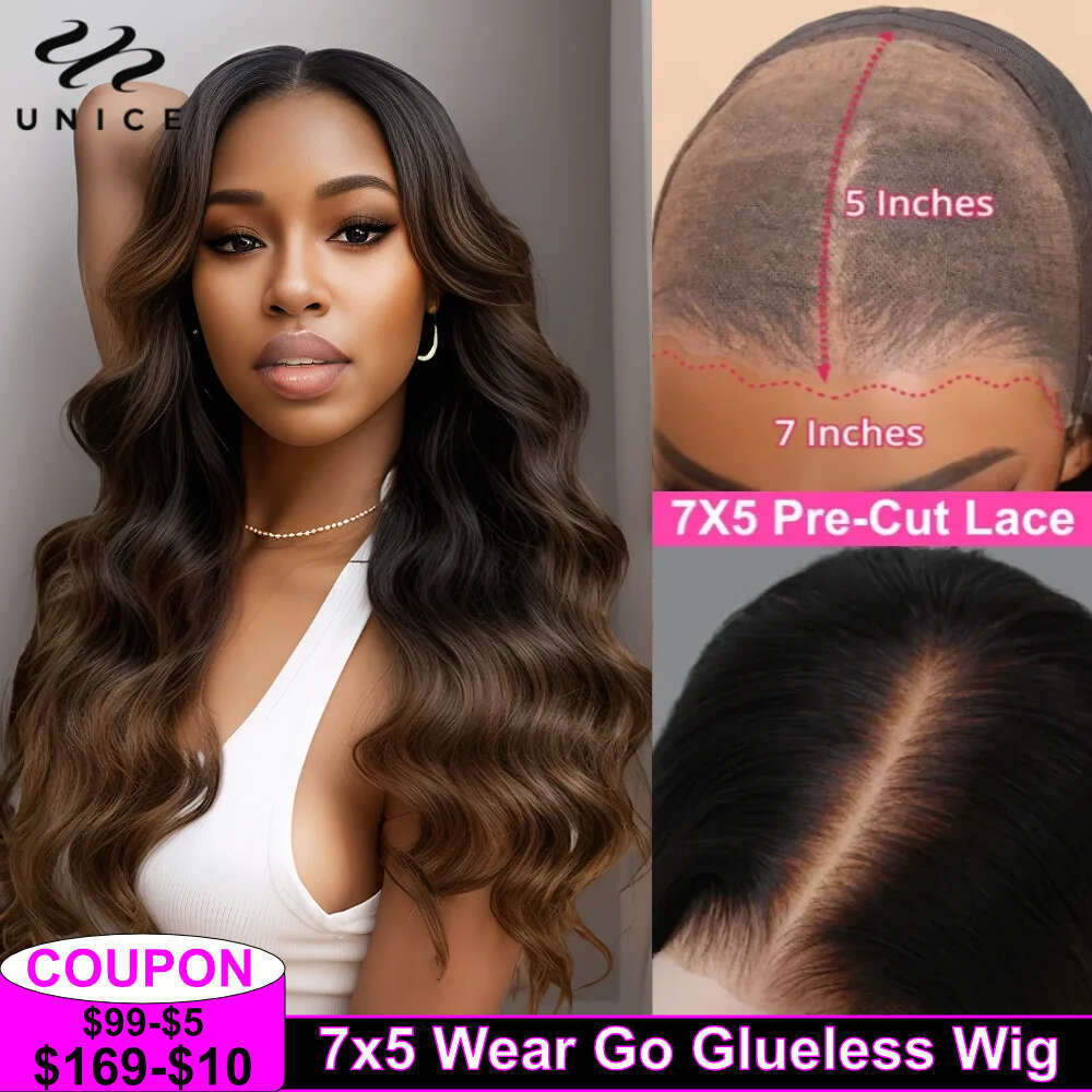 UNice Everything 7x5 Wear Go Glueless Ombre Brown Loose Wave Human Hair Cut Pre Bleached Lace Wig