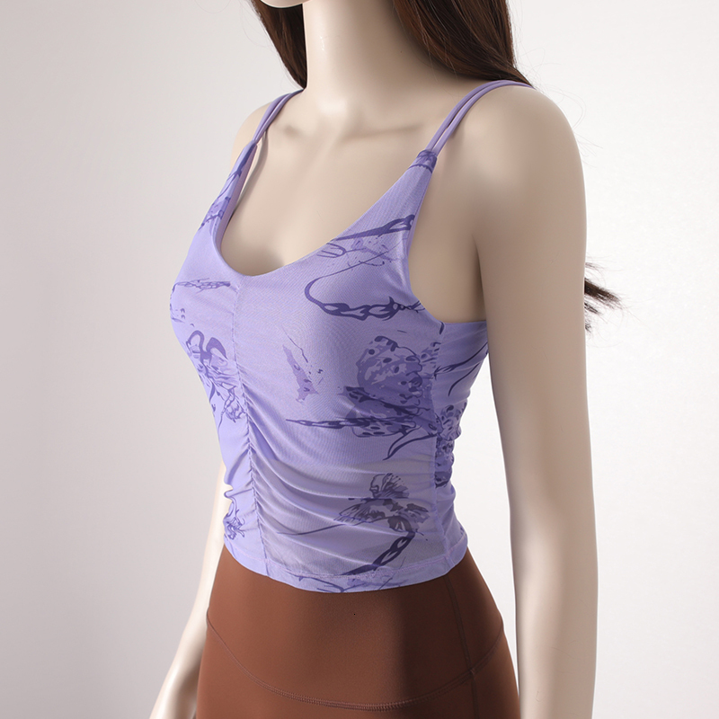 Women's Beauty Back Halter Fixed One-Piece Chest Pad Sports Underwear Printed Pleated Crop Top Yoga Bra