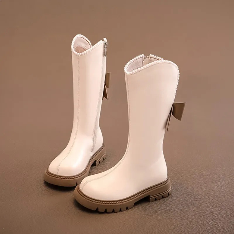Childrens shoes girls soft soled cotton shoes winter long leather boots pearl edged princess boots Marys bow mid length boots Chaussure 240918