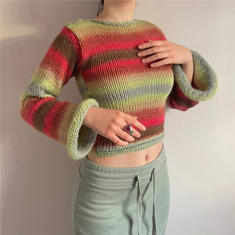 Doury Rainbow Curled Sweater Women Fashion Flared Long Sleeve Loose Knitted Pullovers Fairy Harajuku Vintage Clothes Autumn 240912