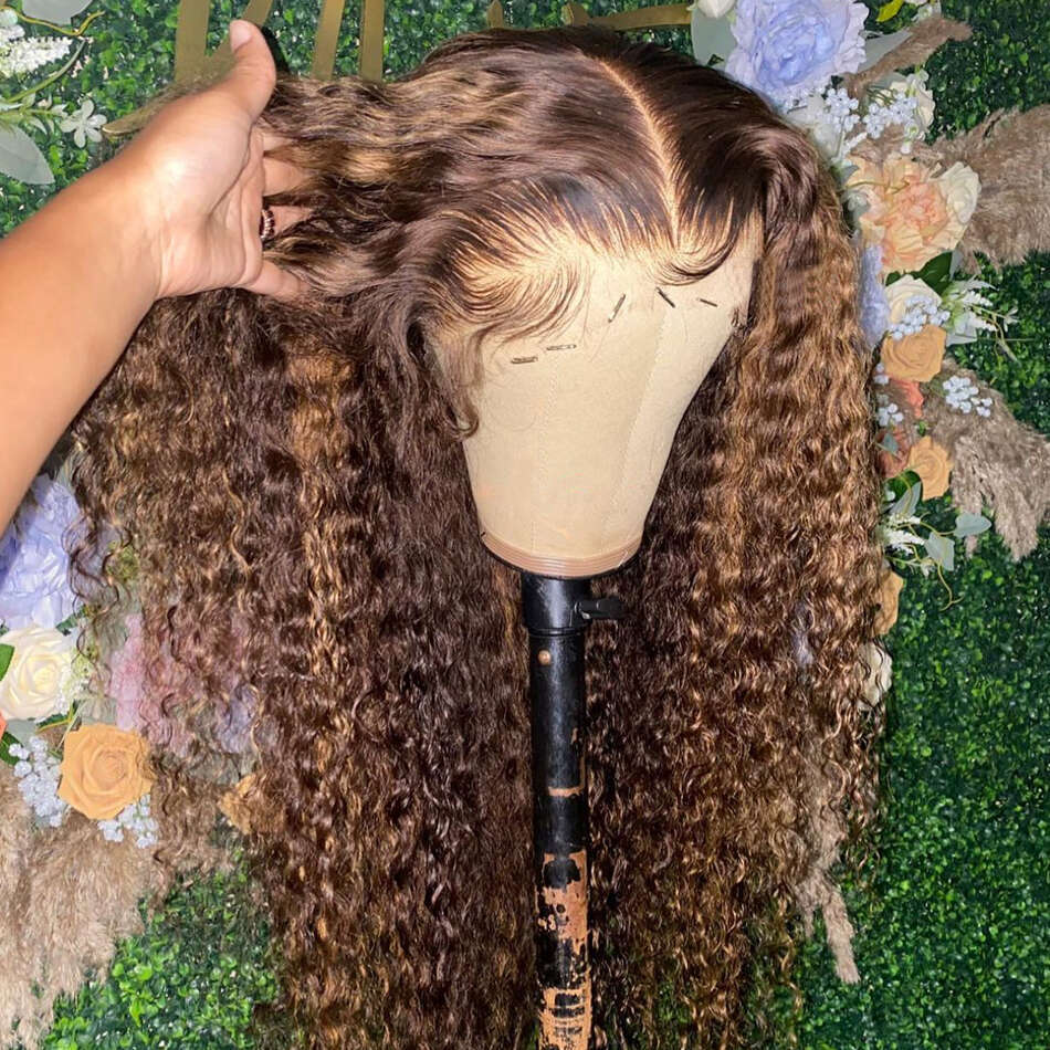 13x4 13x6 Hd Lace Water Deep Wave Frontal Highlight Honey Brown Curly Human Hair Wigs Colored Wig For Black Women 30 36 Inch