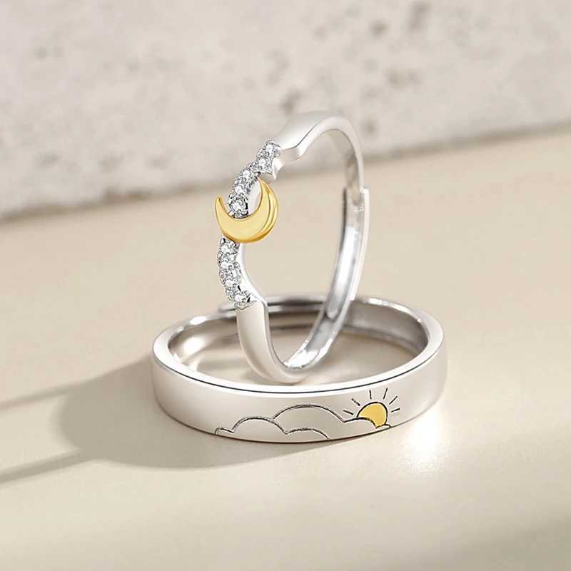 Silver-Plate French Drop Glaze Romantic Couple Ring Simple Personalized Sun Moon Titanium Steel Open Rings Valentines Day GiftX240921