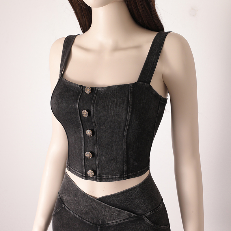Women's Clothing Sexy Tops For Women Crop Fashion Button Front Shirred Detail Denim Top