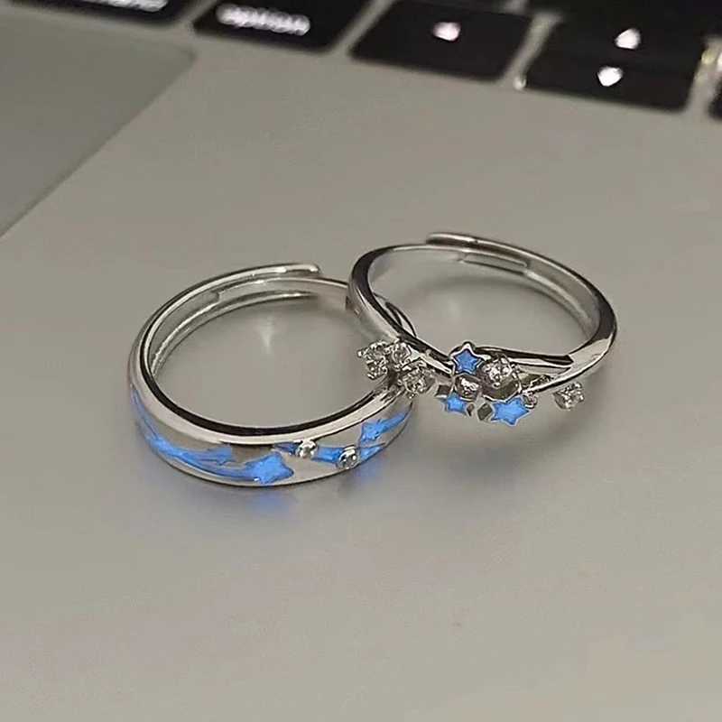 Fashion Exquisite Blue Luminous Star Couple Ring Fluorescent Zircon Ring For Women Men Adjustable Finger Rings Jewelry GiftsX240921