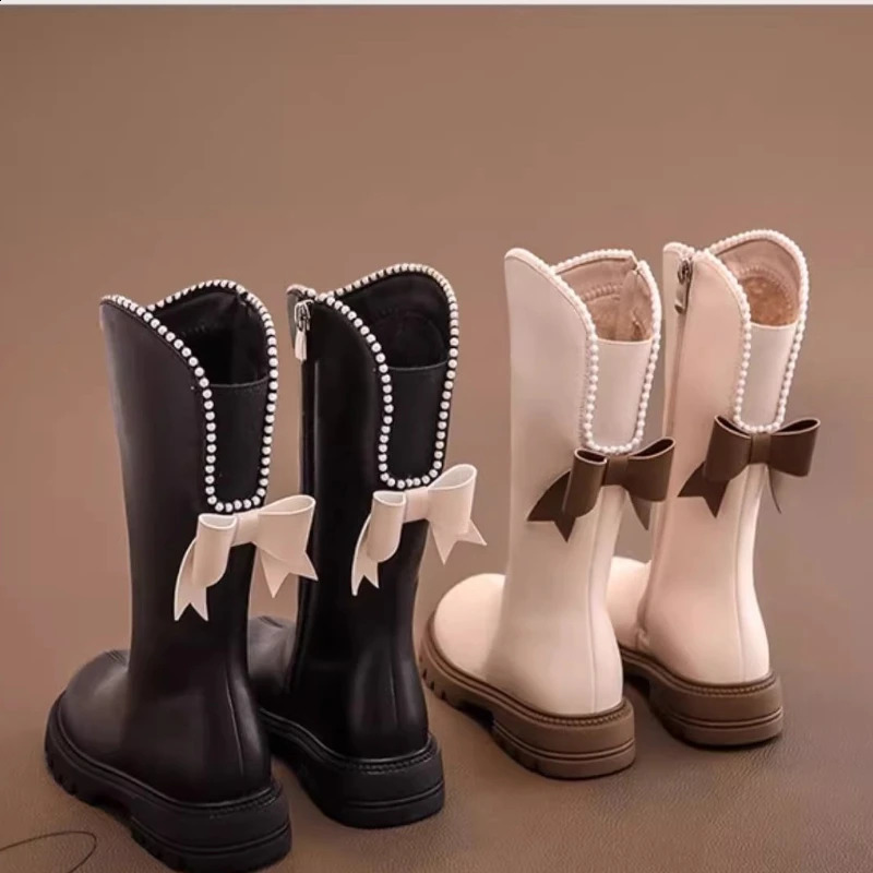 Childrens shoes girls soft soled cotton shoes winter long leather boots pearl edged princess boots Marys bow mid length boots Chaussure 240918