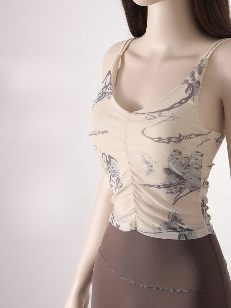 Women's Beauty Back Halter Fixed One-Piece Chest Pad Sports Underwear Printed Pleated Crop Top Yoga Bra