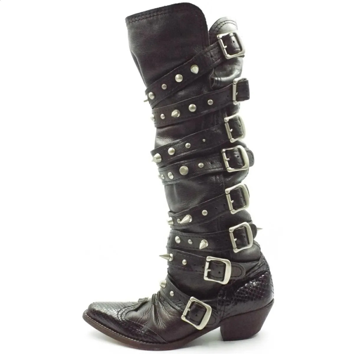 High quality punk y2k Gothic retro motorcycle womens Western style boots black rivet knee high boots 240919