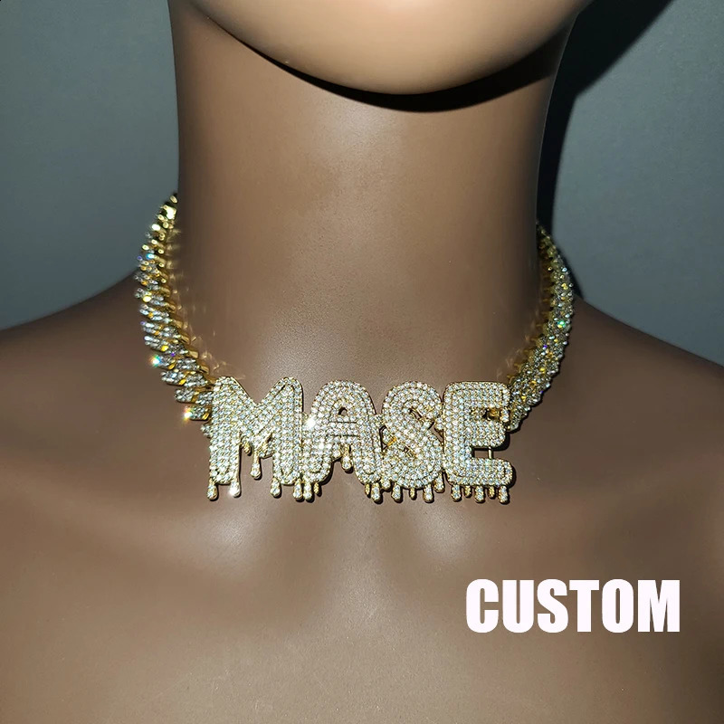Custom Name Necklace Drip Letter with Rhinestone Cuban Chain Hip Hop Jewelry Drop Shiping 240914