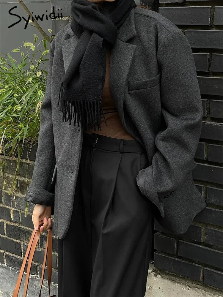 Syiwidii Vintage Grey Woolen Blazer for Women Fall Winter Office Ladies Long Sleeve Jacket Y2k Oversized Casual Coats 240918