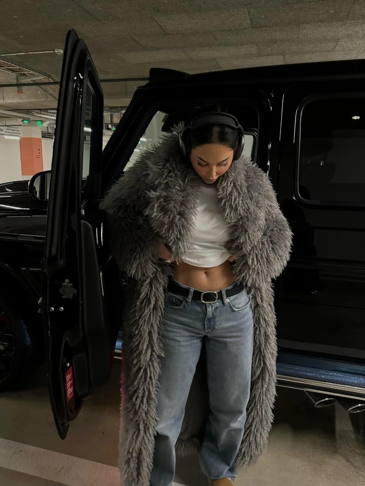 RR2868 Oversized X-Long Faux Coats For Mongolian Fluffy Women Pockets Winter Cotton Liner Fur Long Jackets 240921