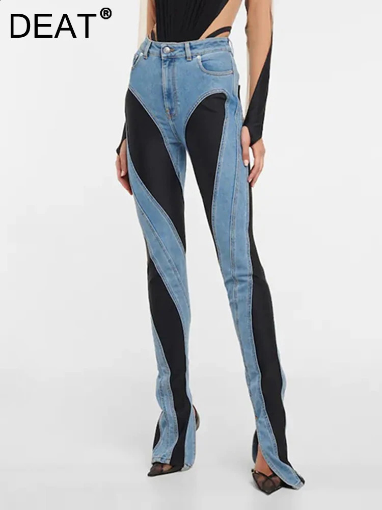 DEAT Fashion Womens Jeans Ultra Thin Deconstructed Panel Splicing Work High Waist Split Blue Long Spring Style 1DF2575 240921