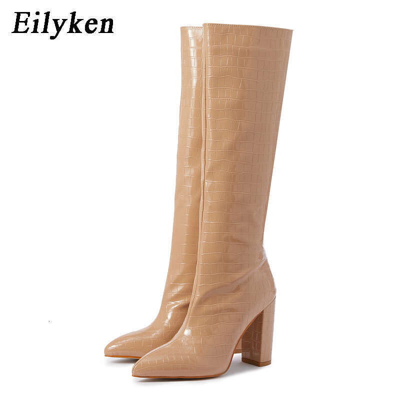 Eilyken New Fashion Solid Color Snake Pattern Women Knee-High Boots Pointed Toe Winter Ladies Long Booties Handmade Shoes
