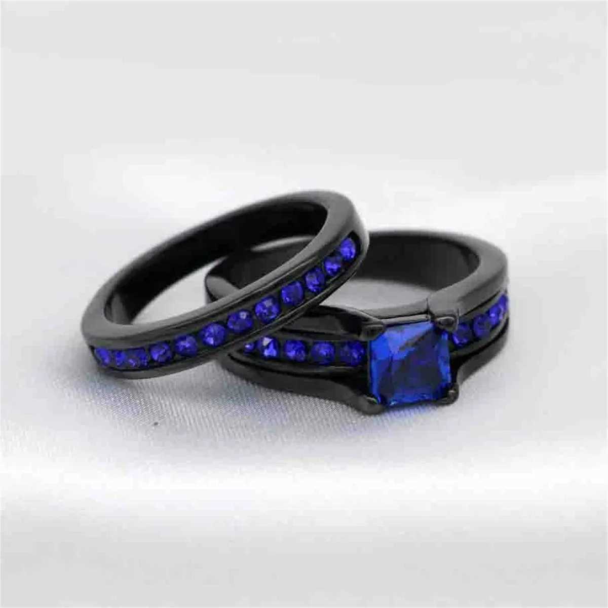 Fashion Couple Rings Romantic Women Blue Rhinestones CZ Rings Set Trendy Men Stainless Steel Rings Wedding Band Jewelry GiftsX240921